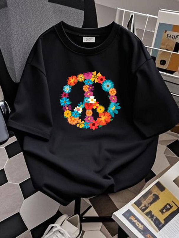 Peace Love Shirt 60's 70's Hippie Costume Colorful Flowers T-Shirt Graphic Unisex Summer Designer Clothes Homme Versatile Streetwear Casual Soft_viptrois.com
