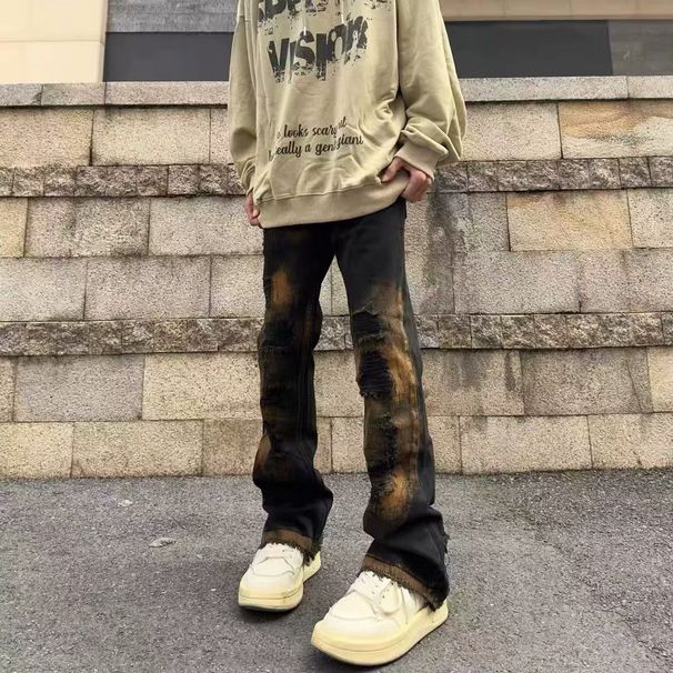 American Washed Distressed Patch Graffiti Micro Flared Jeans For Men Women On The High Street, Versatile And Slimming_viptrois.com