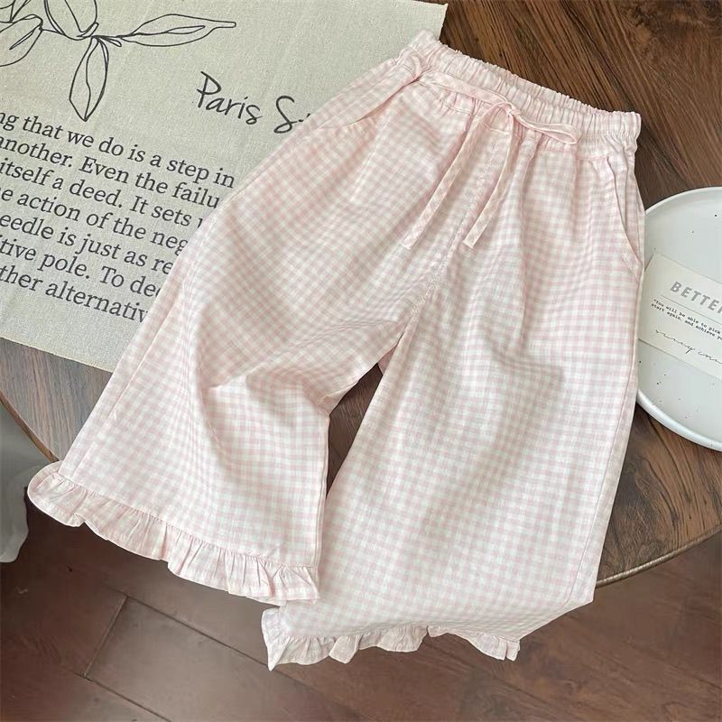 Summer New Sweet Princess Style Suit Bow Short Sleeve Pink Plaid Flared Wide Leg Pants Ruffles Two Piece Suit_viptrois.com