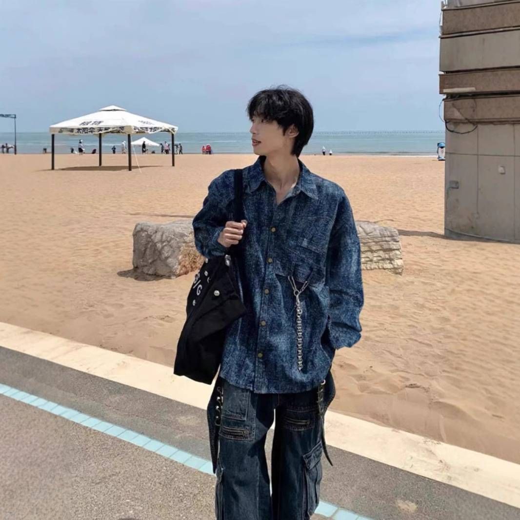 Men's Clothing Retro Shoulder Pad Denim Shirt Model Wear Tie Dyed Distressed Jacket Hairstylist Trendy Shirt_viptrois.com