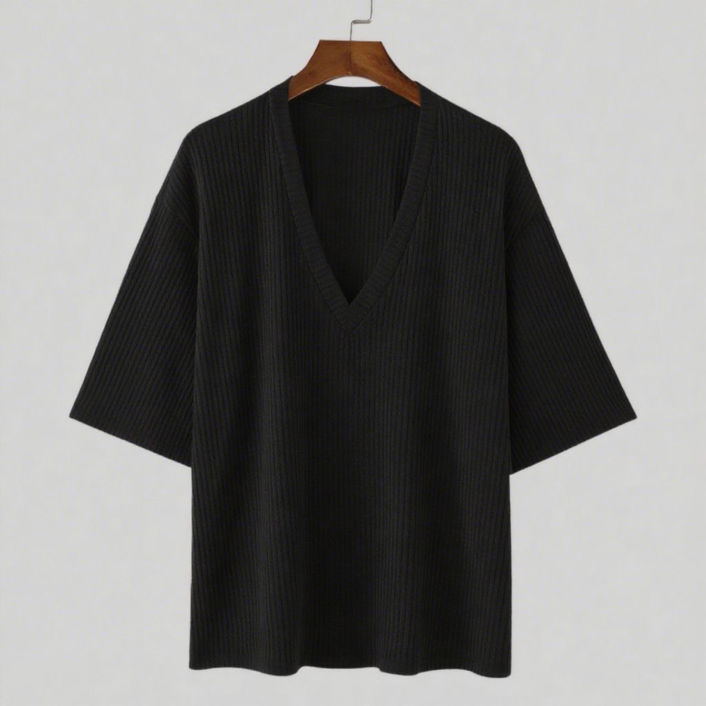 2025 Summer New Mid Sleeve Pit Striped Sweater Elastic Casual Loose V Neck T Shirt_viptrois.com