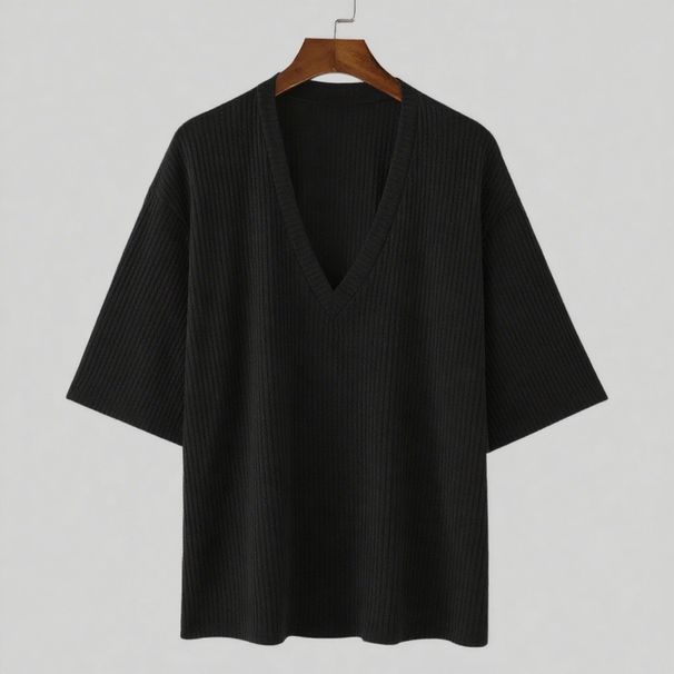 2025 Summer New Mid Sleeve Pit Striped Sweater Elastic Casual Loose V Neck T Shirt_viptrois.com
