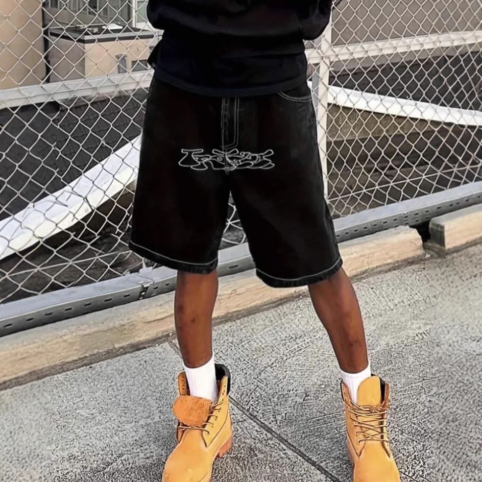 Men's Clothing High Street Casual Shorts Y2K Retro Hip Hop Letters Embroidered Jorts Denim Shorts_viptrois.com