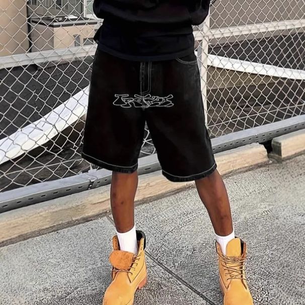 Men's Clothing High Street Casual Shorts Y2K Retro Hip Hop Letters Embroidered Jorts Denim Shorts_viptrois.com