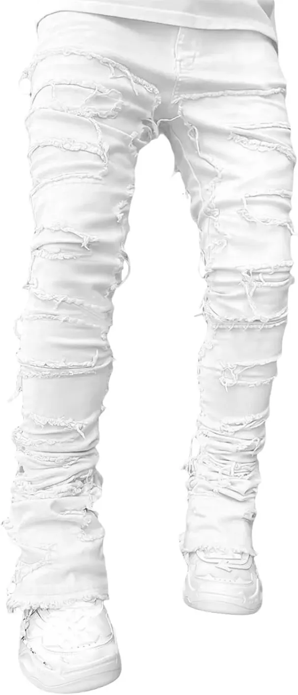 Black Stacked Jeans With Rips, Patches, Distressed Jeans, Streetwear, Men's Pants, Casual Slim Fit_viptrois.com