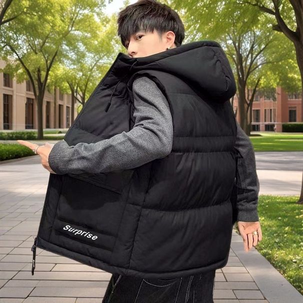 Loom Down Cotton For Men Winter New Thickened Sleeveless Jacket Youth Korean Style With Hood Warm Vest Coat_viptrois.com