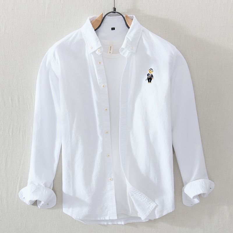 Clothing Cotton Japanese Retro Embroidered Bear Casual Shirt Men's Spring Loose Large Size Hong Kong Style Long Sleeve_viptrois.com