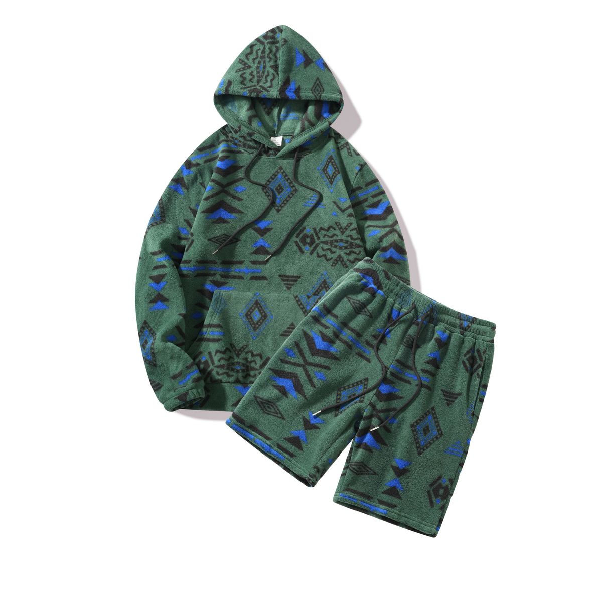 Men's Winter Fleece Hoodie & Shorts Set - 280GSM Polyester Streetwear Wth Adjustable Drawstring & Contrast Stitching (Sage Green/Cream, S-XXL)_viptrois.com