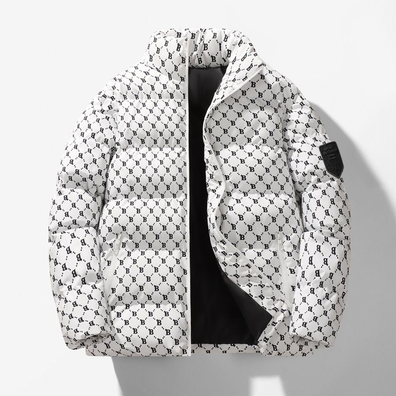 Unisex Letter-Embroidered Quilted Jacket – Stand Collar Winter Coat With Zip Pockets (M-5XL, Polyester Shell, Slim Fit, Streetwear Essential)_viptrois.com