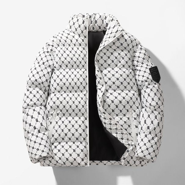 Unisex Letter-Embroidered Quilted Jacket – Stand Collar Winter Coat With Zip Pockets (M-5XL, Polyester Shell, Slim Fit, Streetwear Essential)_viptrois.com
