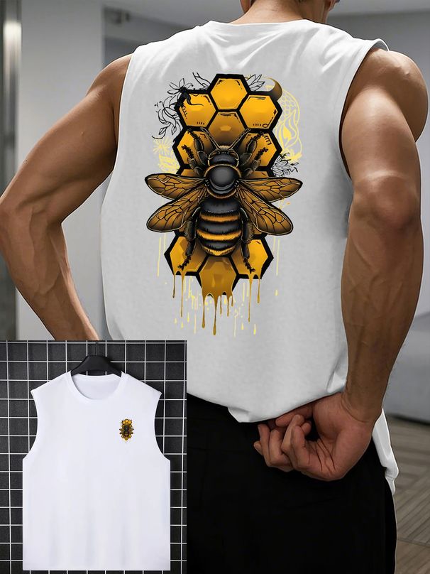 100% Pure Cotton Men's Summer Casual Sports Fitness Loose Bee And Honeycomb Print Breathable Round Neck Sleeveless Vest_viptrois.com