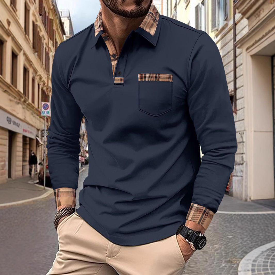 Men's Casual Contrast Color Plaid Collar Long Sleeve Polo Shirt - Breathable Mesh Fabric, Slim Fit, Spring & Autumn Essential_viptrois.com