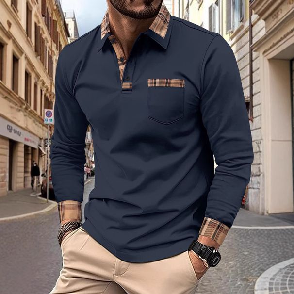 Men's Casual Contrast Color Plaid Collar Long Sleeve Polo Shirt - Breathable Mesh Fabric, Slim Fit, Spring & Autumn Essential_viptrois.com