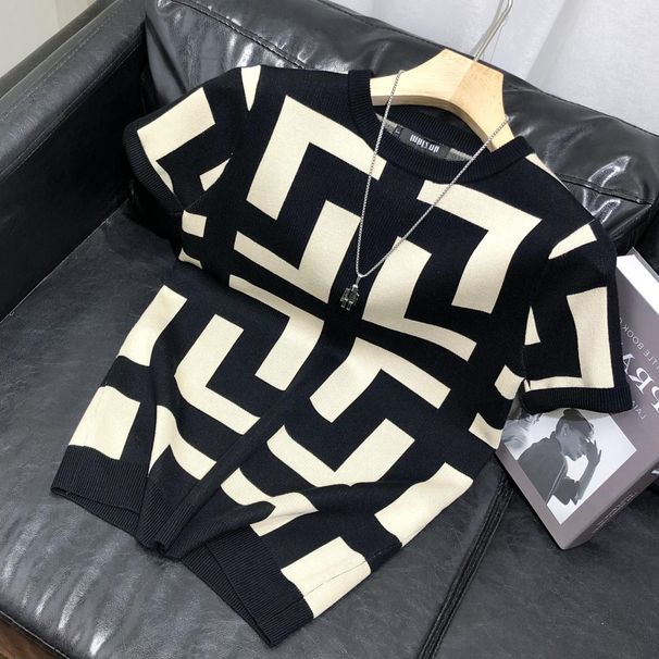 Men's Clothing Light Mature Style Men's Short Sleeved Summer Personality Color Matching T Shirt Men Ins Trendy All Match Half Sleeved Sweater Men_viptrois.com