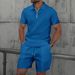 Summer Men's New Waffle Zipper Solid Color Turn-Down Collar Short Sleeve T-Shirt And Shorts Casual Set_viptrois.com