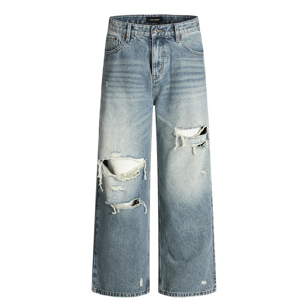 Beggar Punk Style Ripped Jeans Washed Vintage Loose Wide-Leg Straight Long Pants Men's Trendy Fashion Gradient_viptrois.com