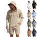 Men's Spring/Summer Thin Linen Suit Casual Loose Fit Breathable Long Sleeve Henley Hooded Shorts Set_viptrois.com