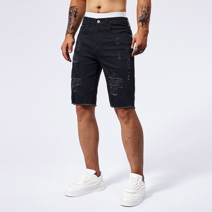 Men's Stretch Denim Shorts With Distressed Details | Elastic Comfort Five-Inch Inseam | Relaxed Straight Leg Casual Shorts For Men | Vintage_viptrois.com
