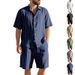 Men's Clothing Men's Summer Linen Suit Striped Jacquard Loose Short Sleeve Shirt And Beach Shorts Two-Piece Set_viptrois.com