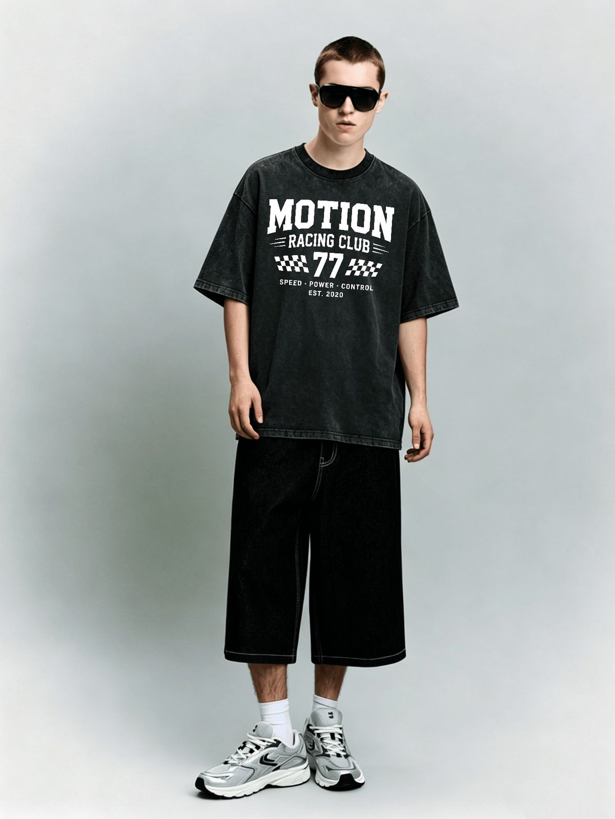 Relaxed Heavyweight Washed Checkered Flag Cotton T-Shirt Men's Casual Streetwear Tee_viptrois.com