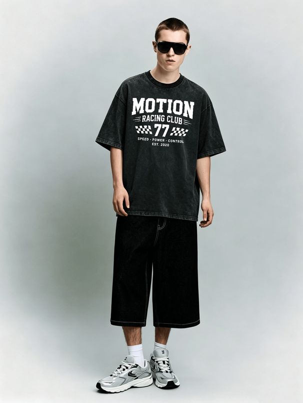 Relaxed Heavyweight Washed Checkered Flag Cotton T-Shirt Men's Casual Streetwear Tee_viptrois.com