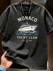 Summer New Washed Short-sleeved T-shirt, Men's Retro Monaco Yacht Club 1987 Anchor Print Youth Loose Casual Street Tee_viptrois.com