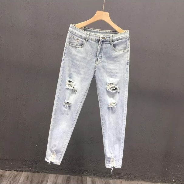 Men's Clothing Summer New Ripped Nine Point Pants Fashion Brand Jeans Slim Fit Cuffed Pants Light Color Pants_viptrois.com
