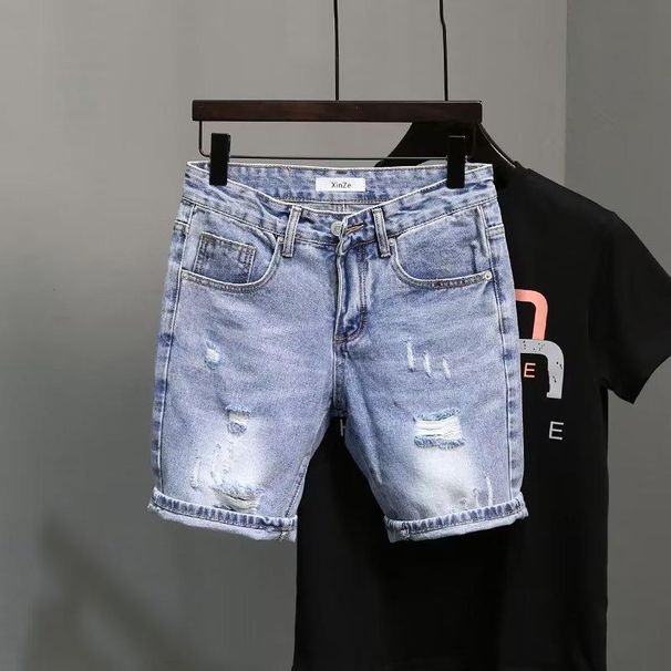 Men's Clothing Summer Light Blue Ripped Denim Shorts Men's Trendy Brand Ripped Pockets Slim Straight Beggar Five Point Pants_viptrois.com