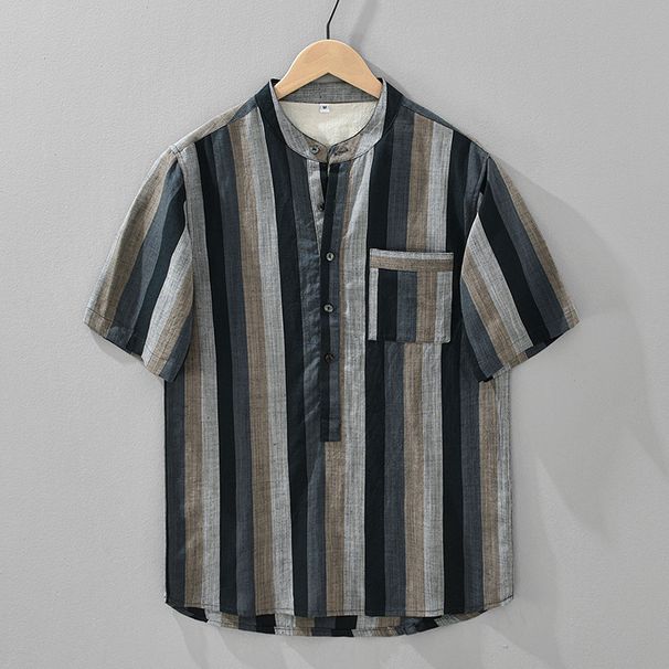 Summer Retro Pullover Color Blocked Linen Stripe Loose Stand Up Collar Short Sleeved Shirt For Men_viptrois.com