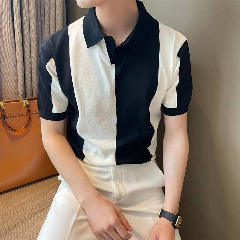 Men's Clothing Summer New Color Matching Short Sleeved Sweater Men's Polo Shirt V Neck Slim Fit Senior Business T Shirt_viptrois.com