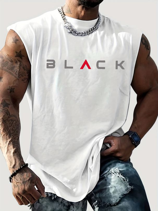 100% Pure Cotton Men's Summer Casual Sports Fitness Loose BLACK Letter Pattern Printed Breathable Round Neck Sleeveless Vest_viptrois.com