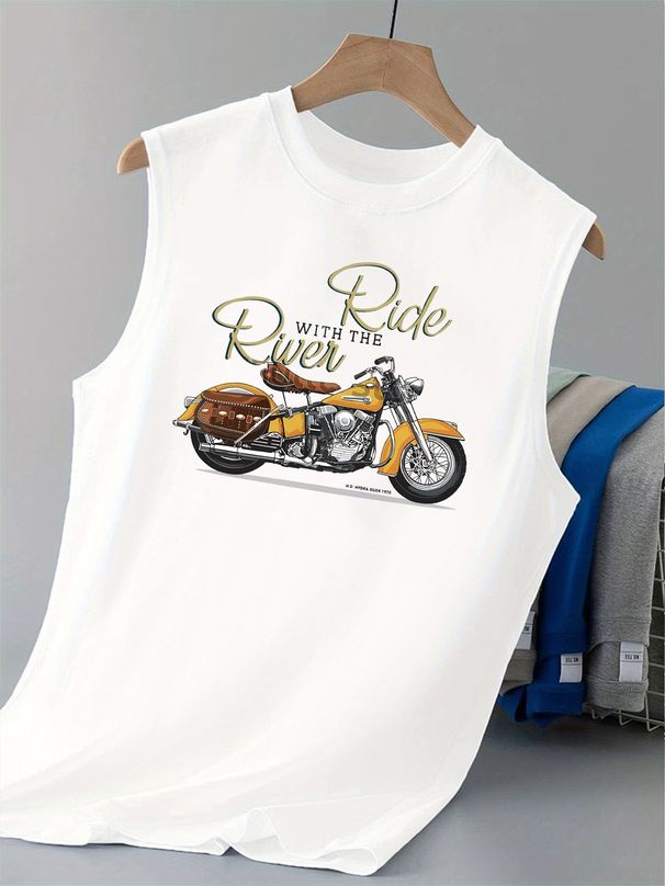 100% Pure Cotton Men's Summer Leisure Sports Fitness Loose Retro Motorcycle Pattern Printed Breathable Round Neck Sleeveless Vest_viptrois.com