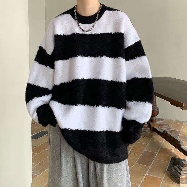 Striped Mohair Sweater Men's Retro High-end Couple Thick Coat_viptrois.com