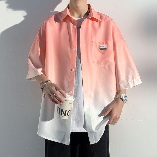Ice Silk Gradient Short Sleeved For Men's Summer New Trendy Brand American Workwear Shirt Design Sense Niche Couple_viptrois.com