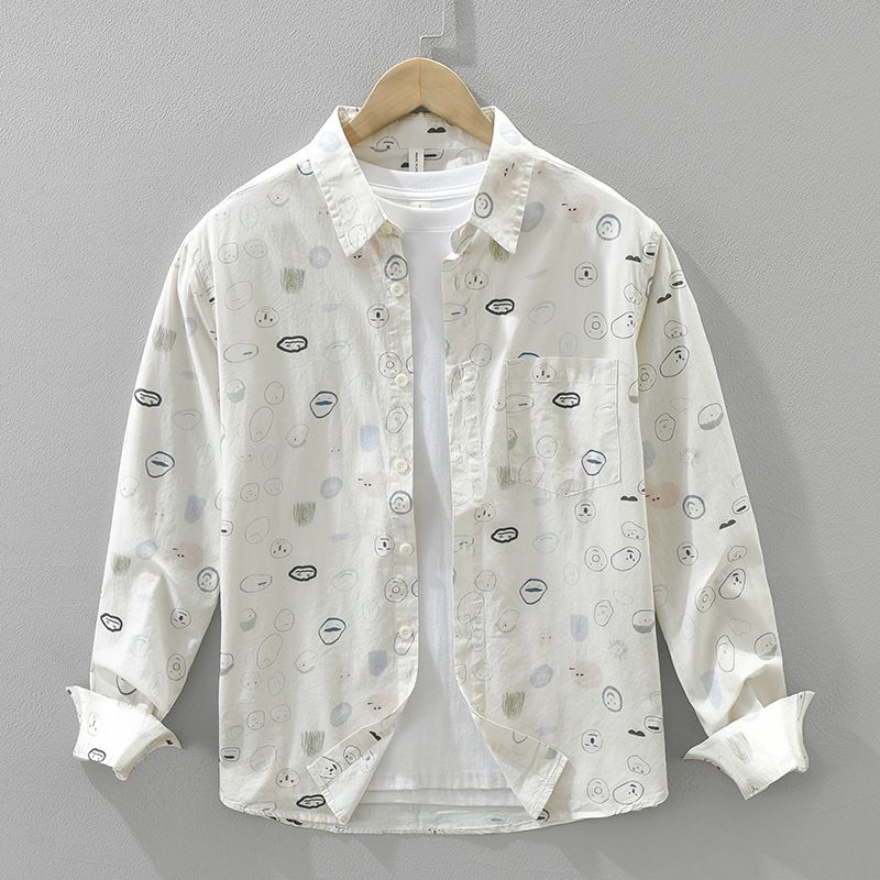 Cartoon Printed Fresh Long Sleeved Shirt For Men, Fashionable And Versatile, Artistic And Casual Loose Top_viptrois.com