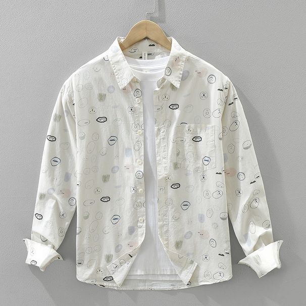 Cartoon Printed Fresh Long Sleeved Shirt For Men, Fashionable And Versatile, Artistic And Casual Loose Top_viptrois.com