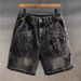 Men's Heavyweight Utility Denim Shorts, Lightweight Baggy Cargo Knee-Length Shorts With Multiple Pockets, American Streetwear Style Casual Shorts_viptrois.com