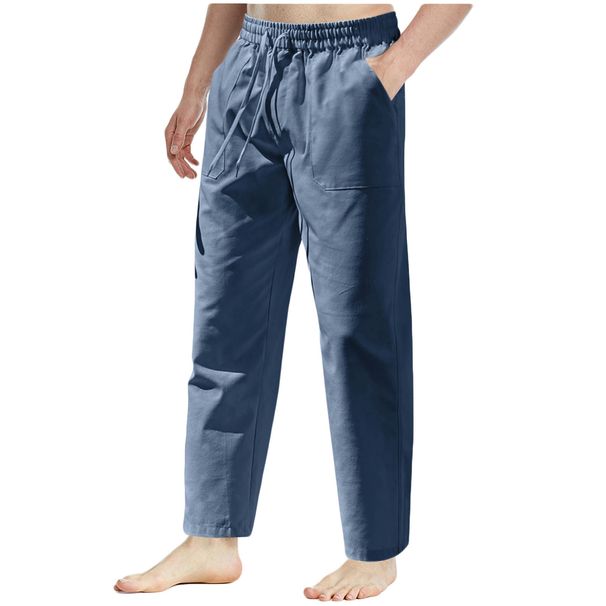 Men's Clothing Cotton And Linen Trousers Casual Non Elastic Waist Drawstring Slim Fit Sports Pants_viptrois.com