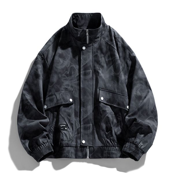Men's Stand Collar Jacket – Retro Digital Print Windbreaker (Black/Grey/Caramel, M-8xl) Fashion Trends_viptrois.com