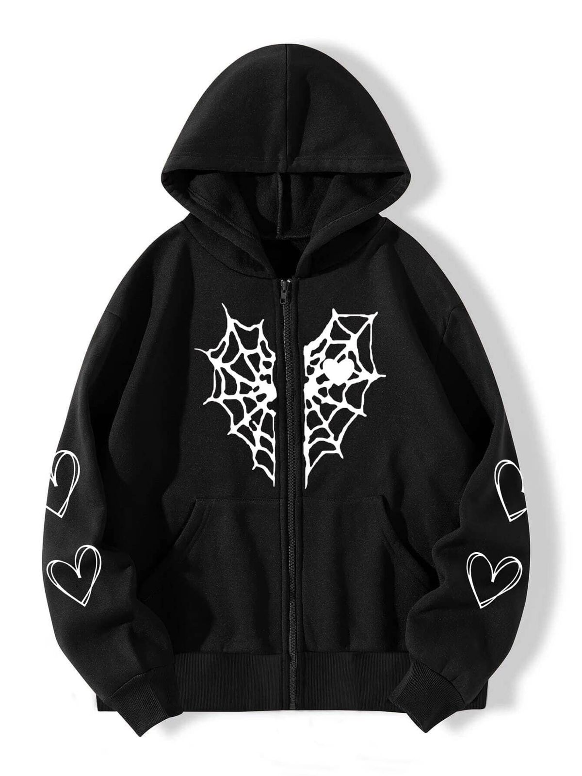Unisex Spider Web Heart Print Fleece Zip-Up Hoodie – Cozy & Stylish Pullover For Fall/Winter_viptrois.com