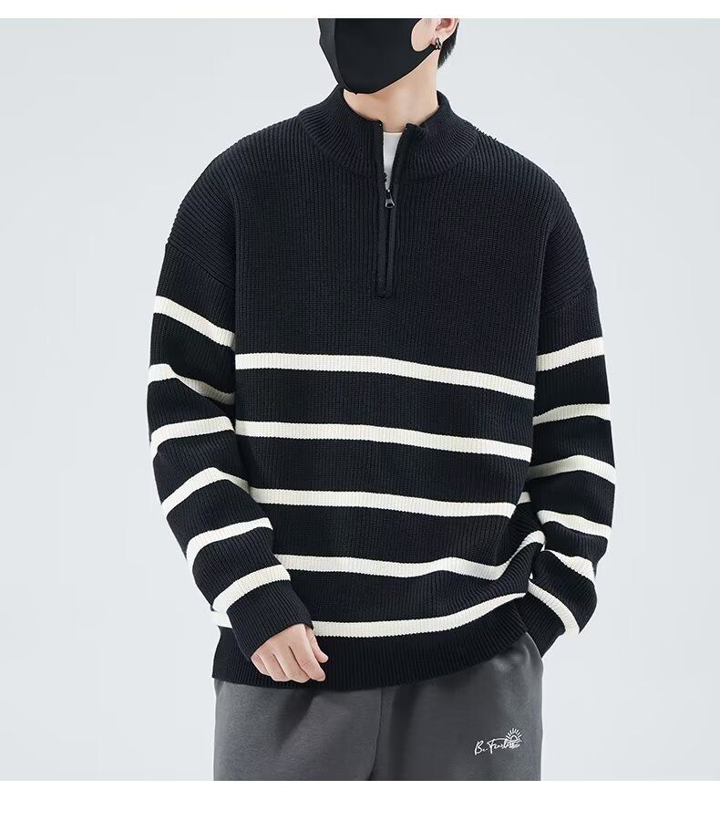 New semi high neck zipper striped sweater for men in autumn and winter, simple and versatile, fashionable and loose fitting pullover base knit sweater_viptrois.com
