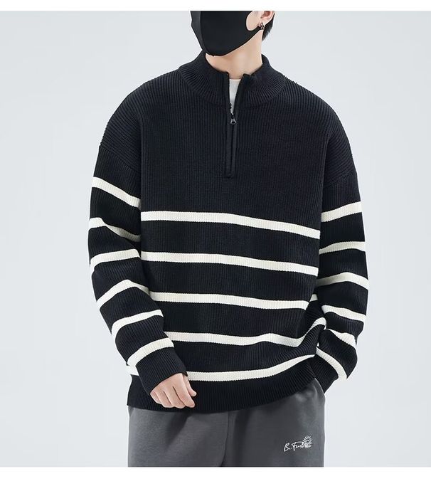 New semi high neck zipper striped sweater for men in autumn and winter, simple and versatile, fashionable and loose fitting pullover base knit sweater_viptrois.com