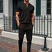 New Waffle Texture Stand Collar Small Zipper Solid Color Men's Short Sleeve Long Pants Set_viptrois.com