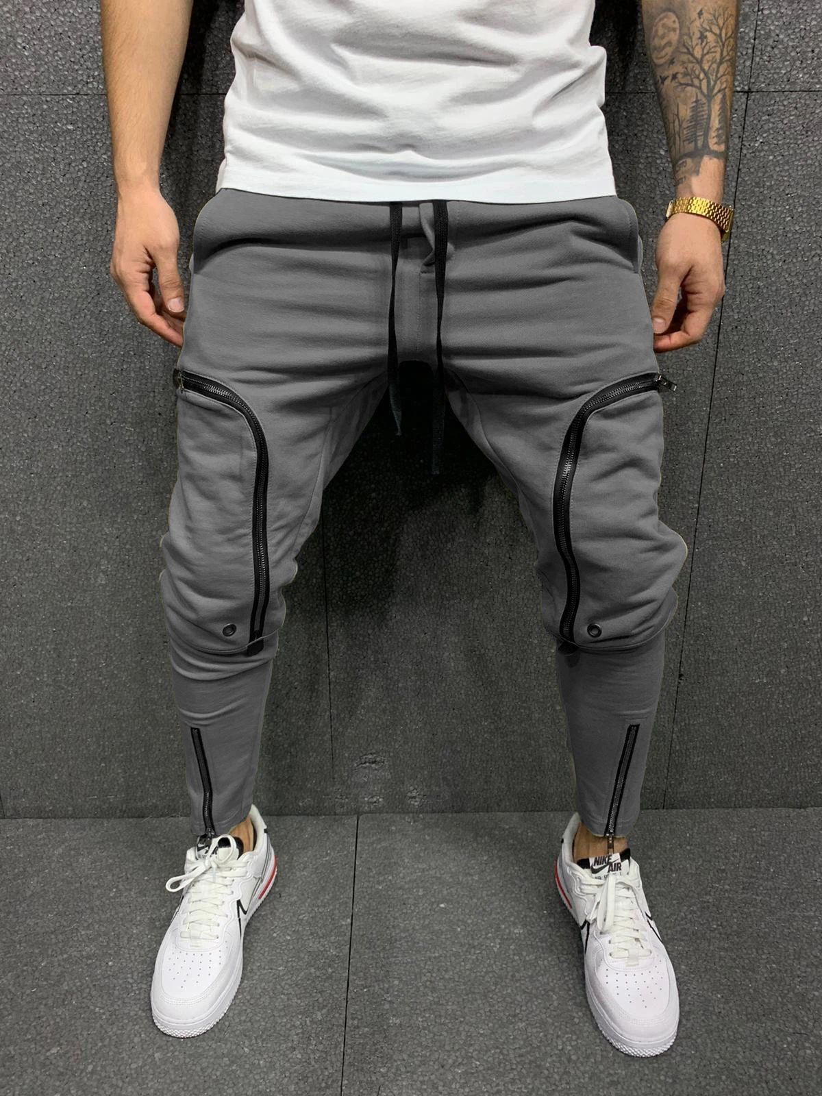 Men's Clothing Men's Hot School Bag Pocket Fitness Drawstring Small Feet Zipper Patch Pocket Slim Fit Sweatpants_viptrois.com