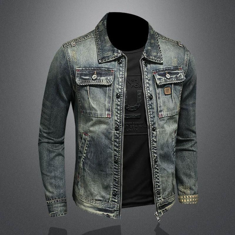 Men's Clothing New High End Distressed Lapel Retro Denim Jacket Slim Fit Handsome Versatile Jacket_viptrois.com