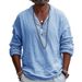Men's Black Cotton Linen Henley Collar T-Shirt Long Sleeved Loose Fit Breathable Versatile Vacation Style Top New_viptrois.com