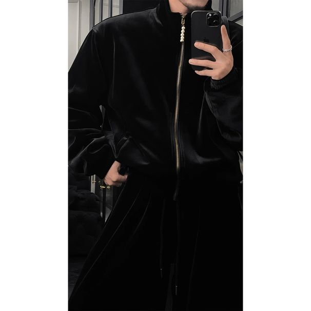 Autumn New Vintage High-End Velvet Stand Collar Jacket Set For Men, Light Luxury Simple Loose Casual Coat And Pants_viptrois.com