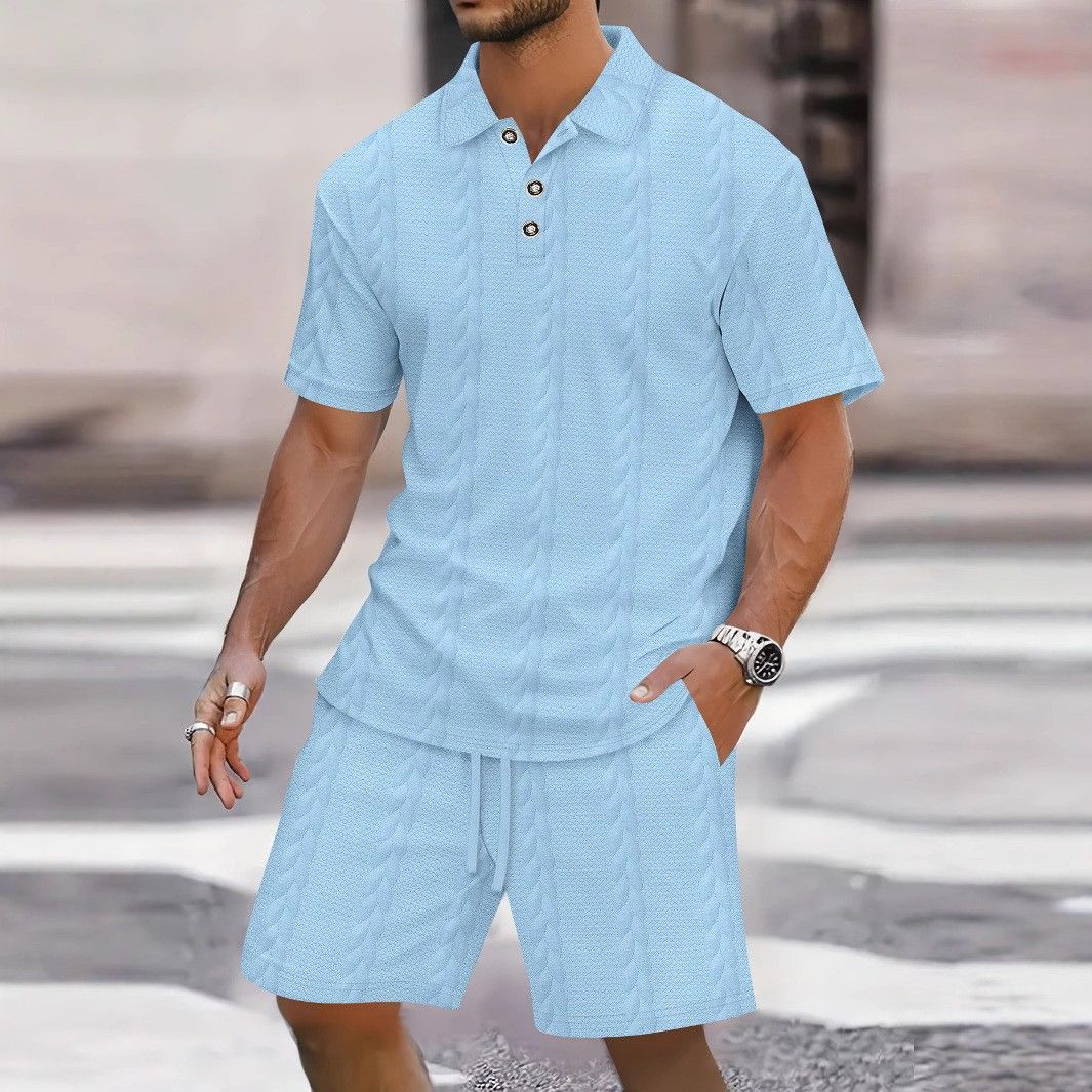 Men's Jacquard Short Sleeve T-Shirt & Shorts Set - Breathable Summer Casual Outfit With Button-Down Collar (White/Black/Grey/Sky Blue/Khaki, S-XXXL)_viptrois.com