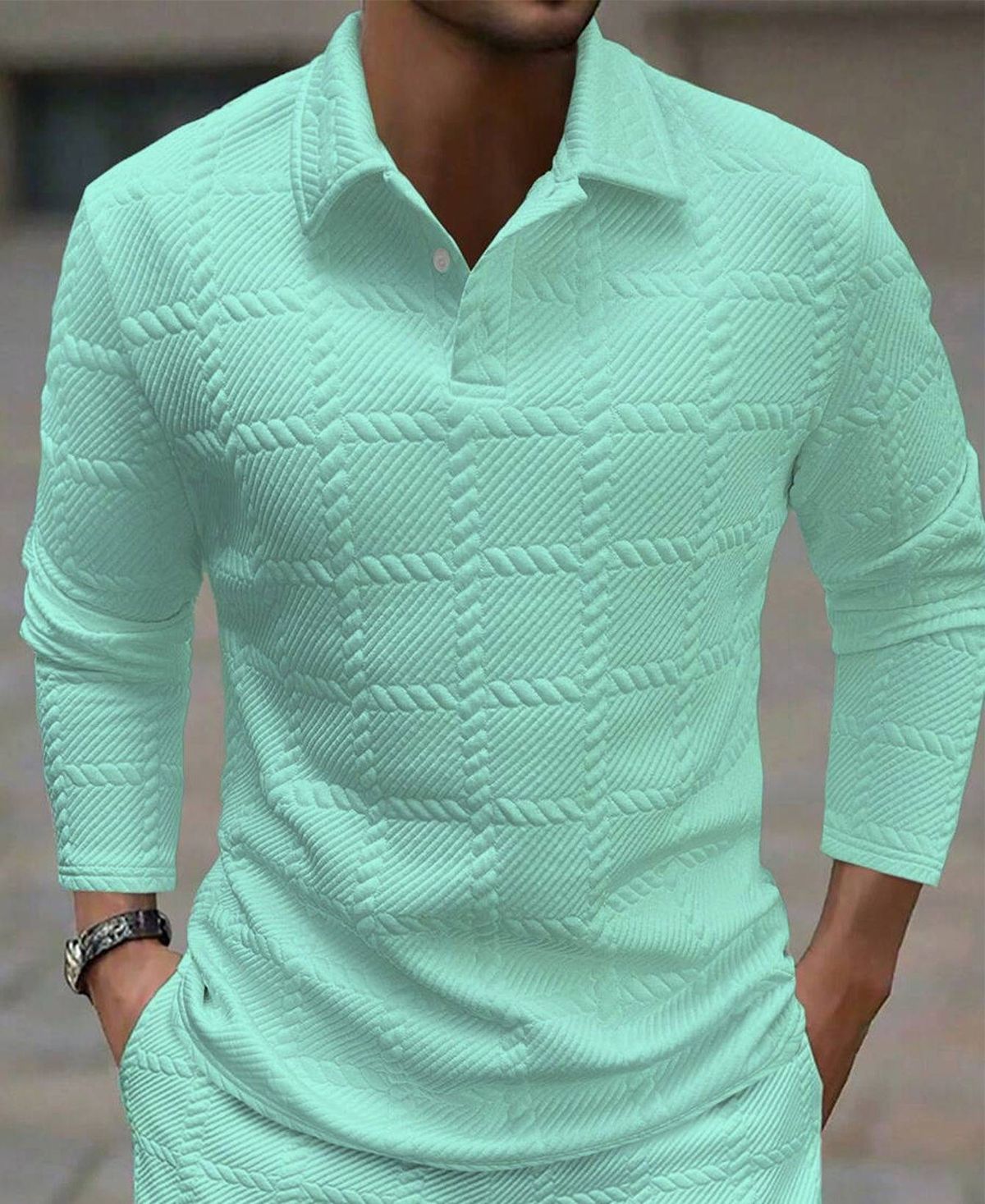 Men's Slim Fit Long Sleeve Polo Shirt With Textured Knit Fabric, Breathable & Machine Washable For Casual & Sporty Look_viptrois.com