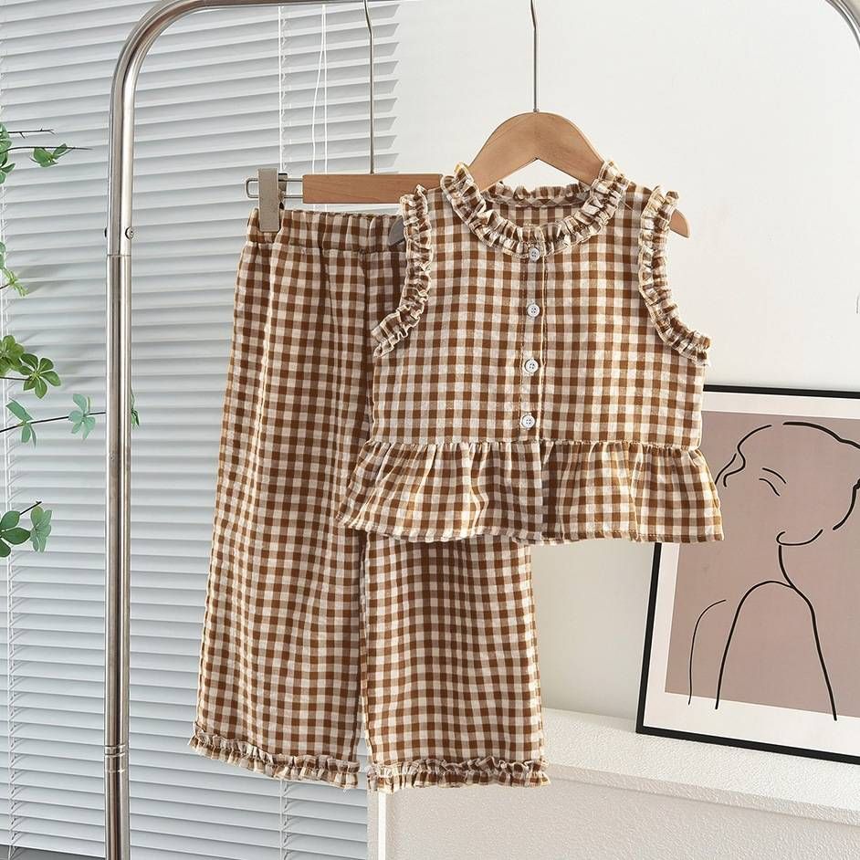 Girls' Lace Trim Set – Sleeveless Top & Wide-Leg Pants (Color Block Plaid Summer Outfit)_viptrois.com